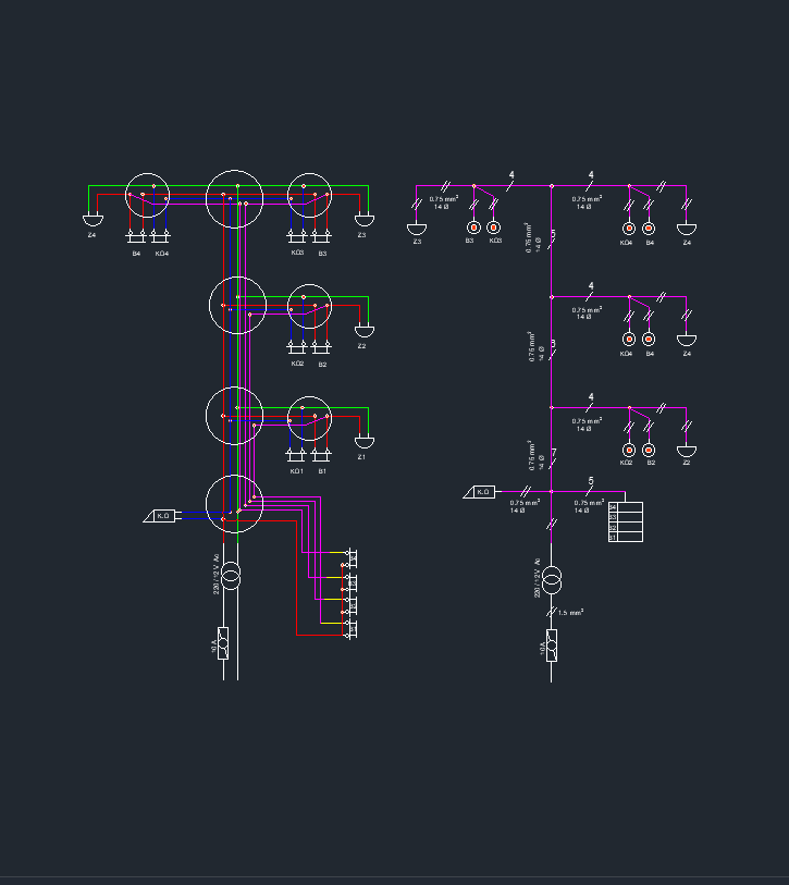 3 Kat 4 Daire Aşağıdan Çağırmalı Kapı Otomatığı Zil Tesisatı AutoCAD Çizimi