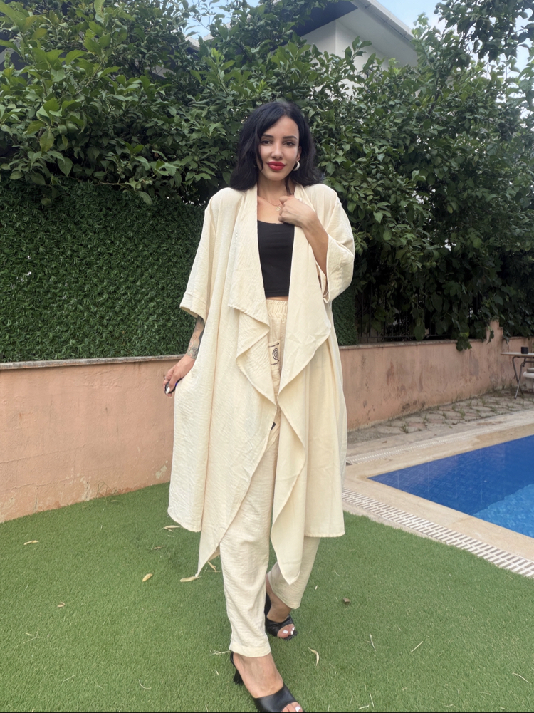 Tasarım Kimono & Pantolon Takım Bej