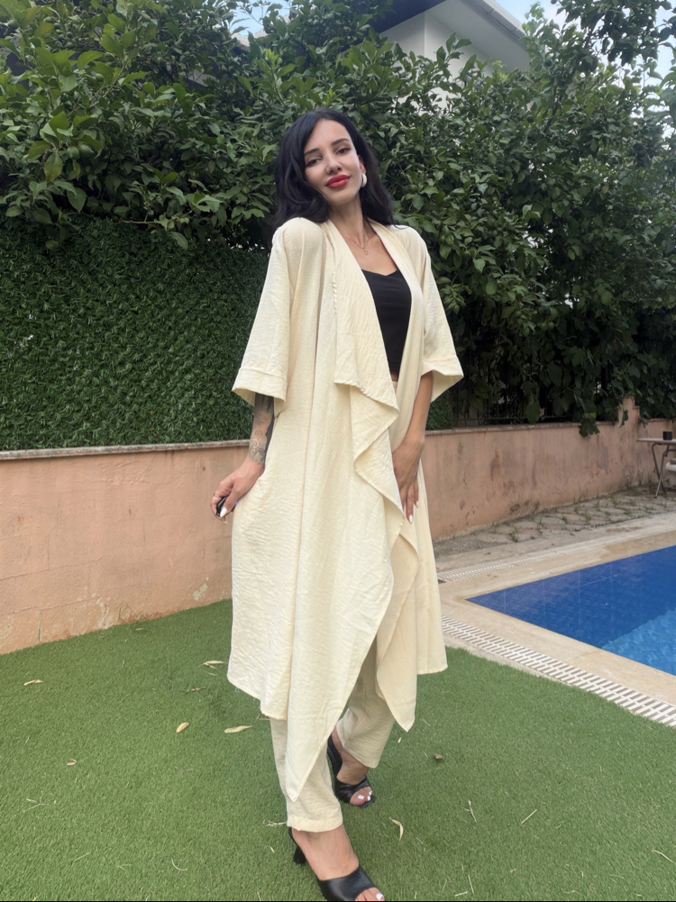 Tasarım Kimono & Pantolon Takım Bej