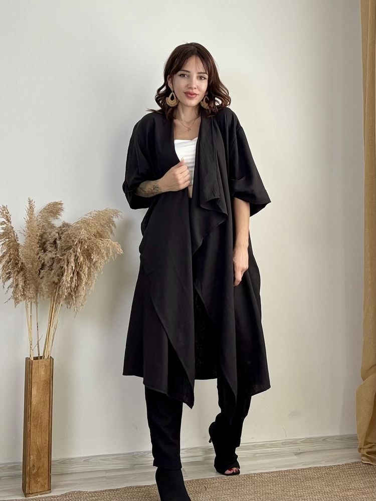 Pamuk Keten Kimono & Pantolon (SİYAH)