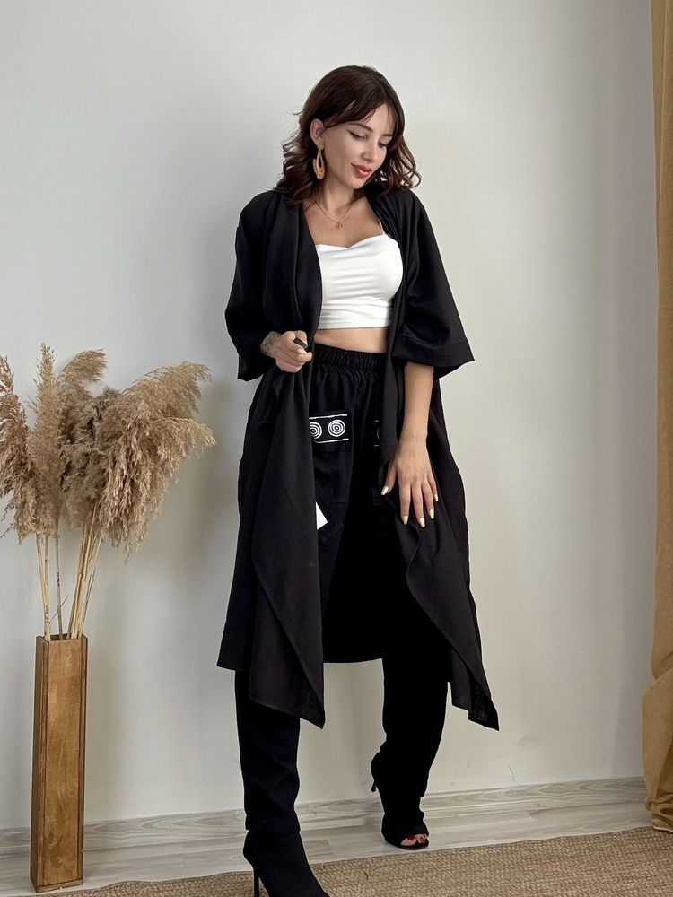 Pamuk Keten Kimono & Pantolon (SİYAH)