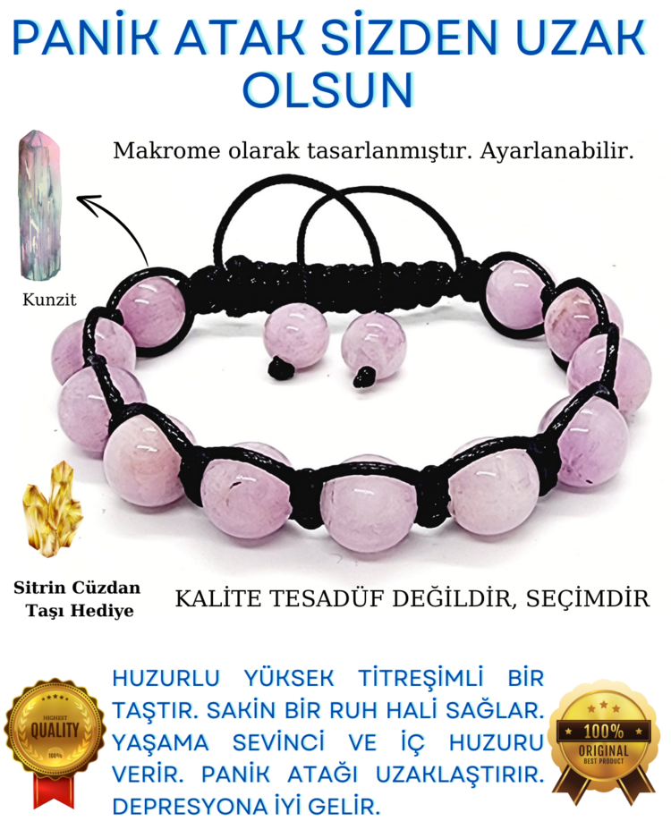 A KALİTE KUNZİT MAKROME AYARLANABİLİR DOĞAL TAŞ BİLEKLİK