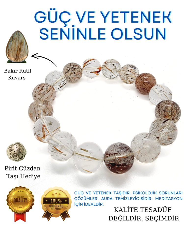 5A KALİTE BAKIR RUTİL KUVARS DOĞAL TAŞ BİLEKLİK