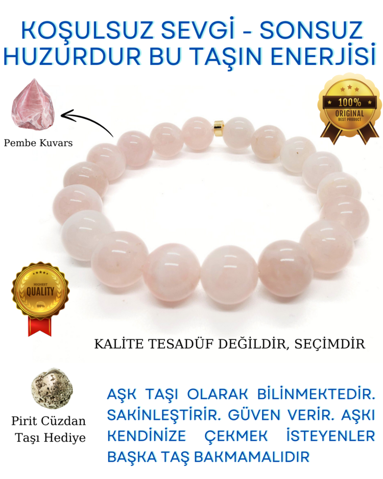 A KALİTE Pembe Kuvars Doğal Taş Bileklik