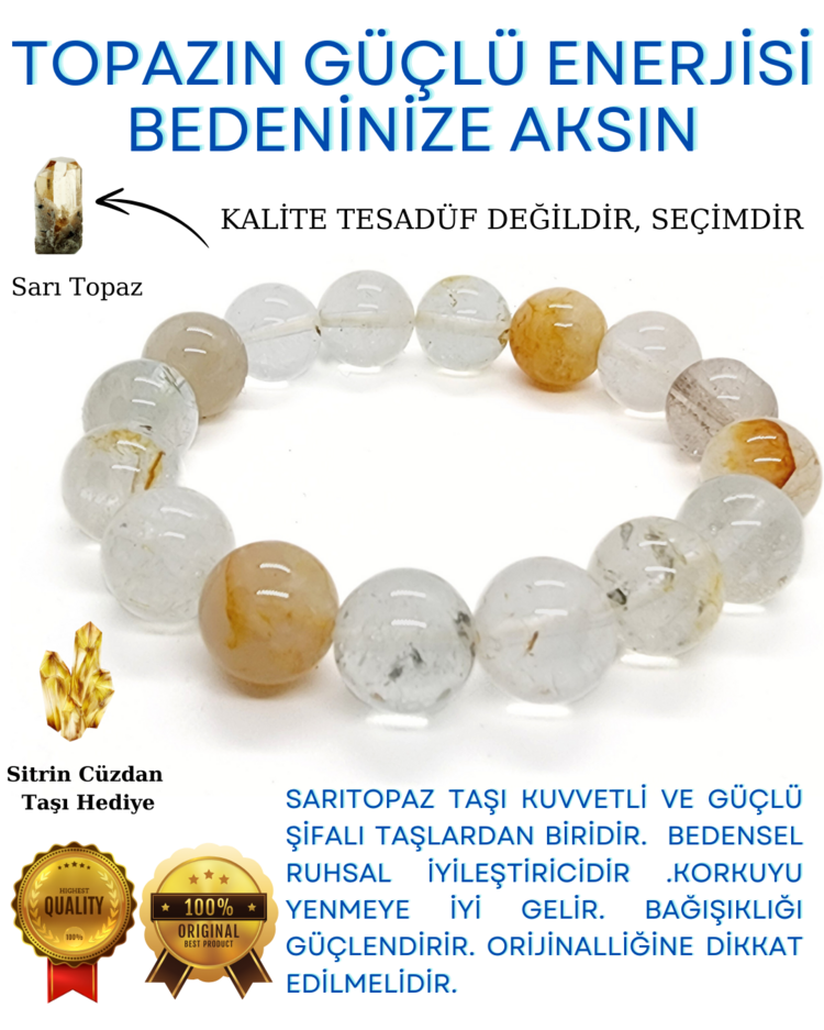5A KALİTE SARI TOPAZ DOĞAL TAŞ BİLEKLİK