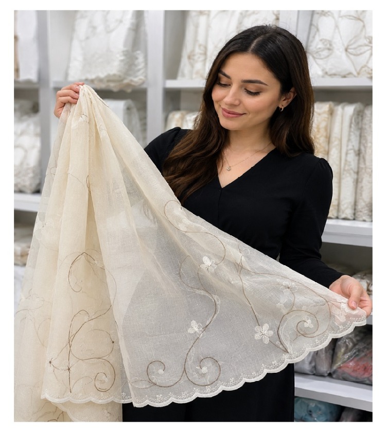 Taç keten tül perde-Nakış işlemeli-EN: 250 cm : YÜKSEKLİK: 250 cm -1/2 (seyrek) Pile