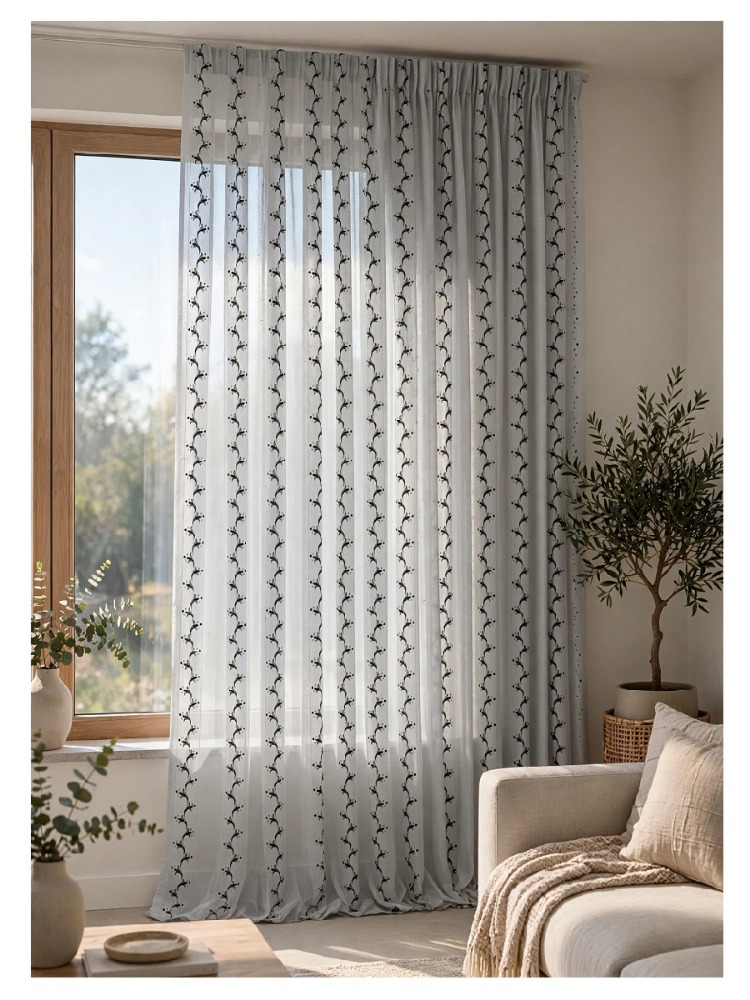 Taç Çollection -Siyah -Beyaz Motifli Tül Perde-1/2 Pile