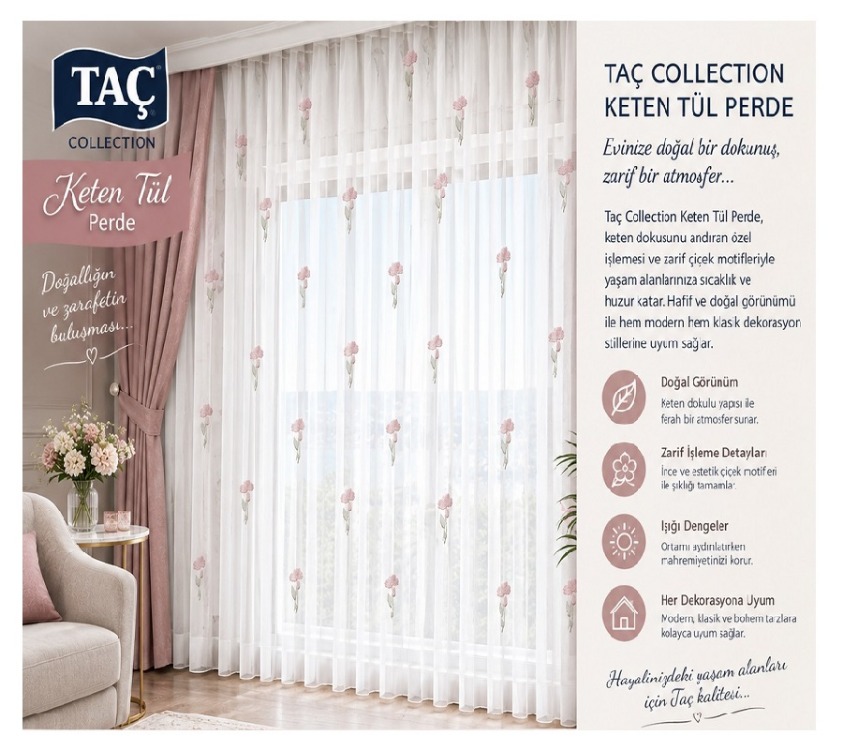 TAÇ COLLECTION KETEN TÜL PERDE - Pembe Çiçek İşlemeli