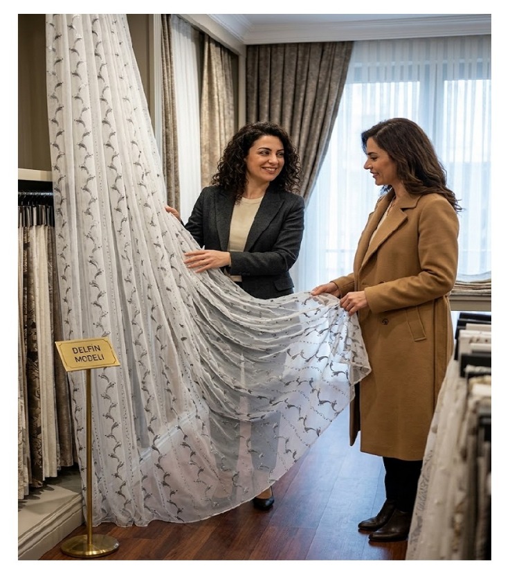 Taç Çollection -Siyah -Beyaz Motifli Tül Perde-1/2 Pile