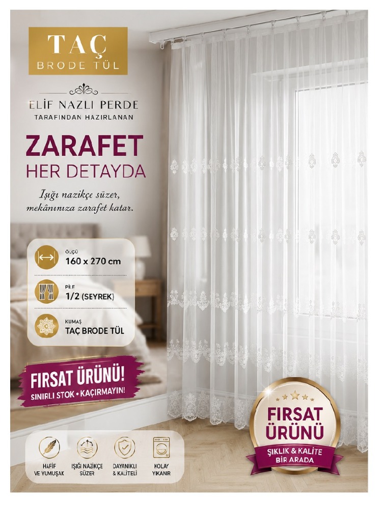 Taç Brode Tül Perde-1/2 (Seyrek) Pile - Fırsat Ürünü