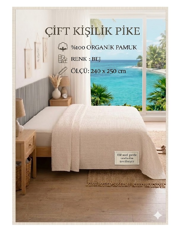 Çift Kişilik Pike - %100 Organik Pamuk -Bej