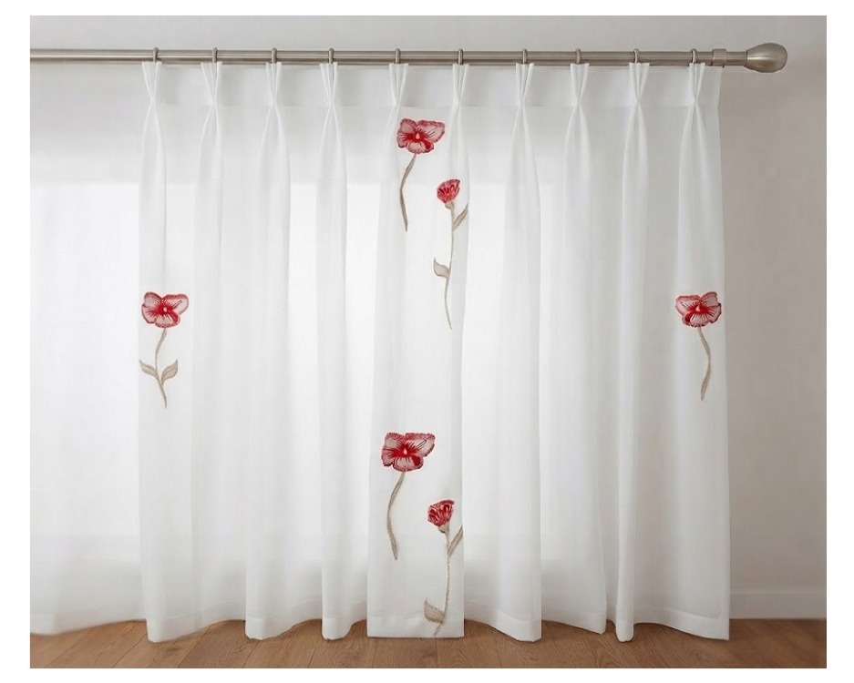 Taç Collection - Kırmızı Çiçek Nakışlı Tül Perde-EN. 250 cm -BOY: 250 cm -Seyrek Pile
