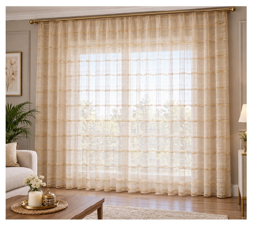 TAÇ COLLECTION -BEJ RENKLİ ORGANİZE PELUŞ ŞERİTLİ TÜL PERDE