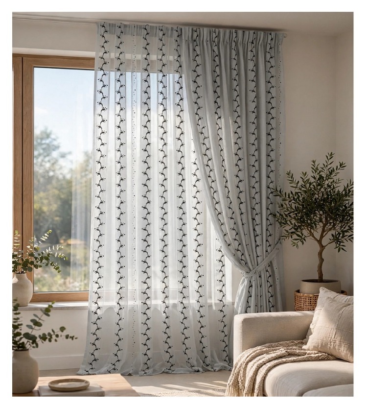 Taç Çollection -Siyah -Beyaz Motifli Tül Perde-1/2 Pile