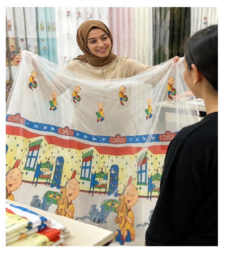 Taç Lisanslı Çizgi Kahraman Caıllou Tül Perde