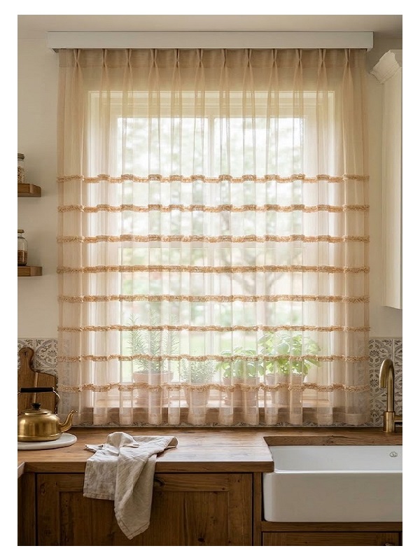 TAÇ COLLECTION -BEJ RENKLİ ORGANİZE PELUŞ ŞERİTLİ TÜL PERDE