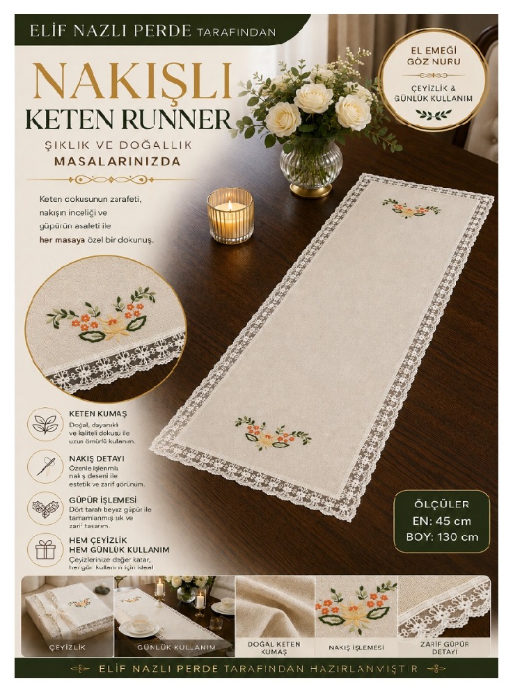 Nakış İşlemeli Keten Runner – Çeyizlik ve Günlük Kullanım İçin Özel Tasarım