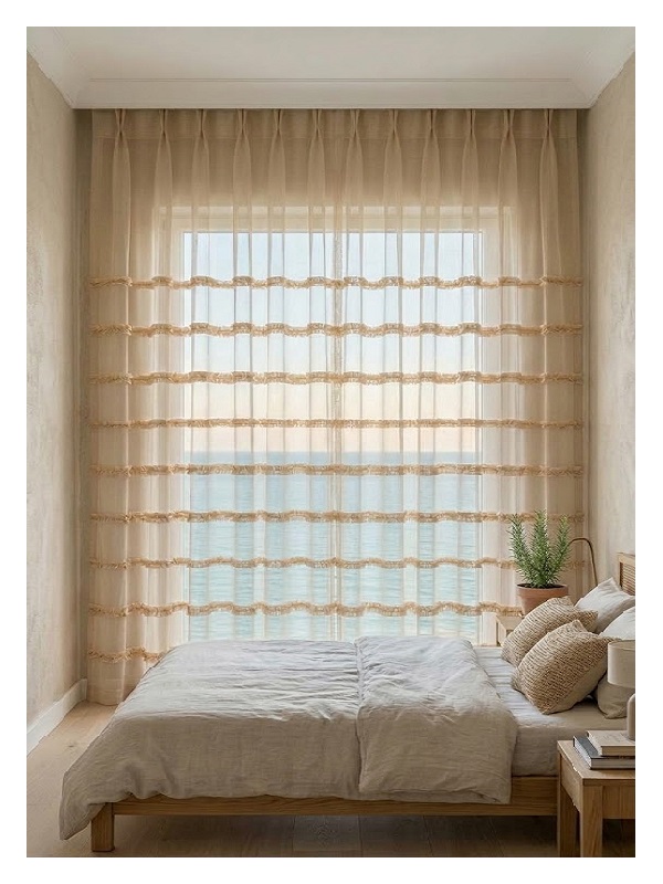 TAÇ COLLECTION -BEJ RENKLİ ORGANİZE PELUŞ ŞERİTLİ TÜL PERDE
