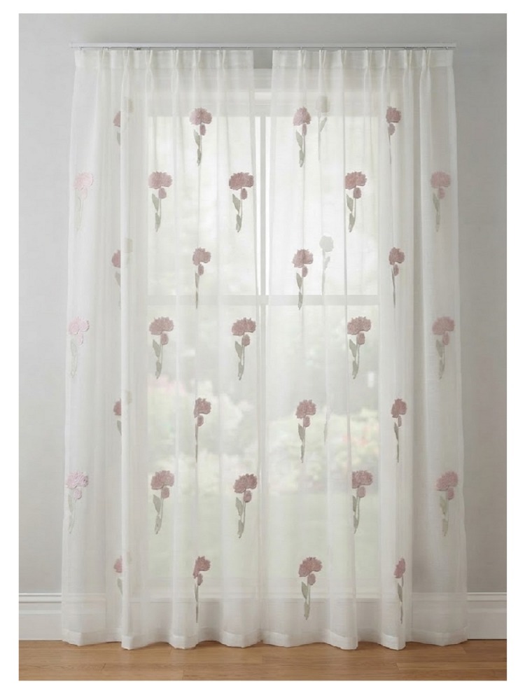 TAÇ COLLECTION KETEN TÜL PERDE - Pembe Çiçek İşlemeli