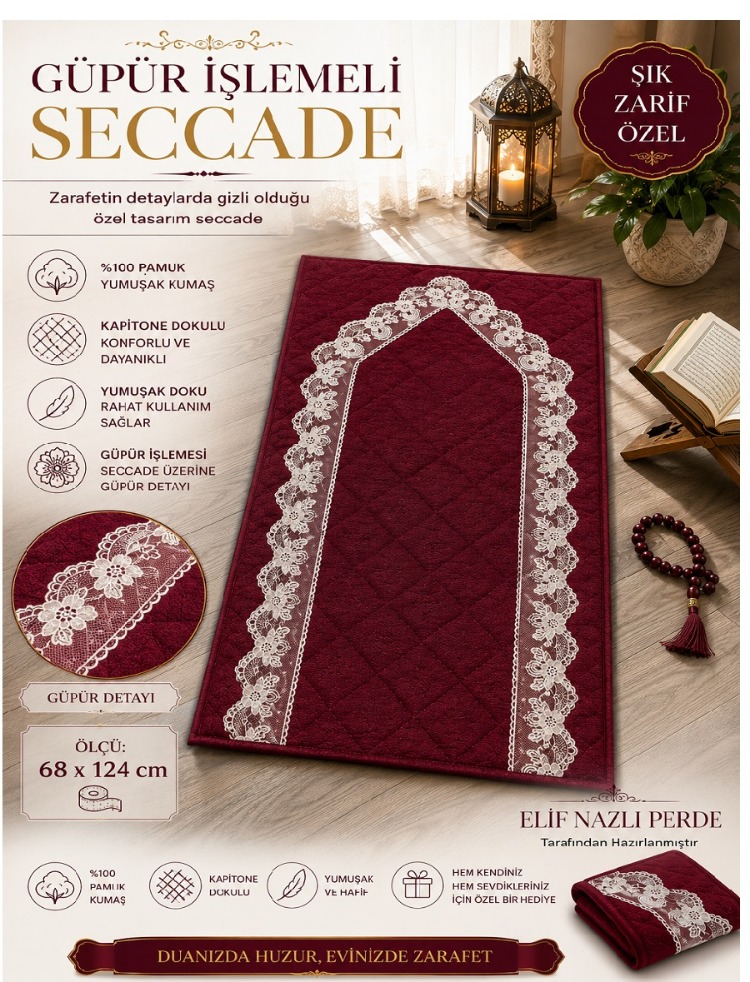 EL EMEĞİ GÜPÜRLÜ SECCADE – Zarafet ve Konfor Bir Arada-Bordo
