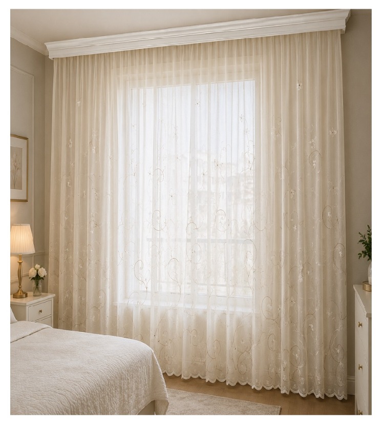 Taç keten tül perde-Nakış işlemeli-EN: 250 cm : YÜKSEKLİK: 250 cm -1/2 (seyrek) Pile