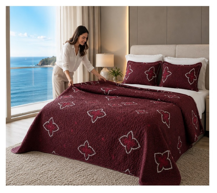ÇİFT KİŞİLİK NAKIŞLI  SATEN YATAK ÖRTÜSÜ-BORDO