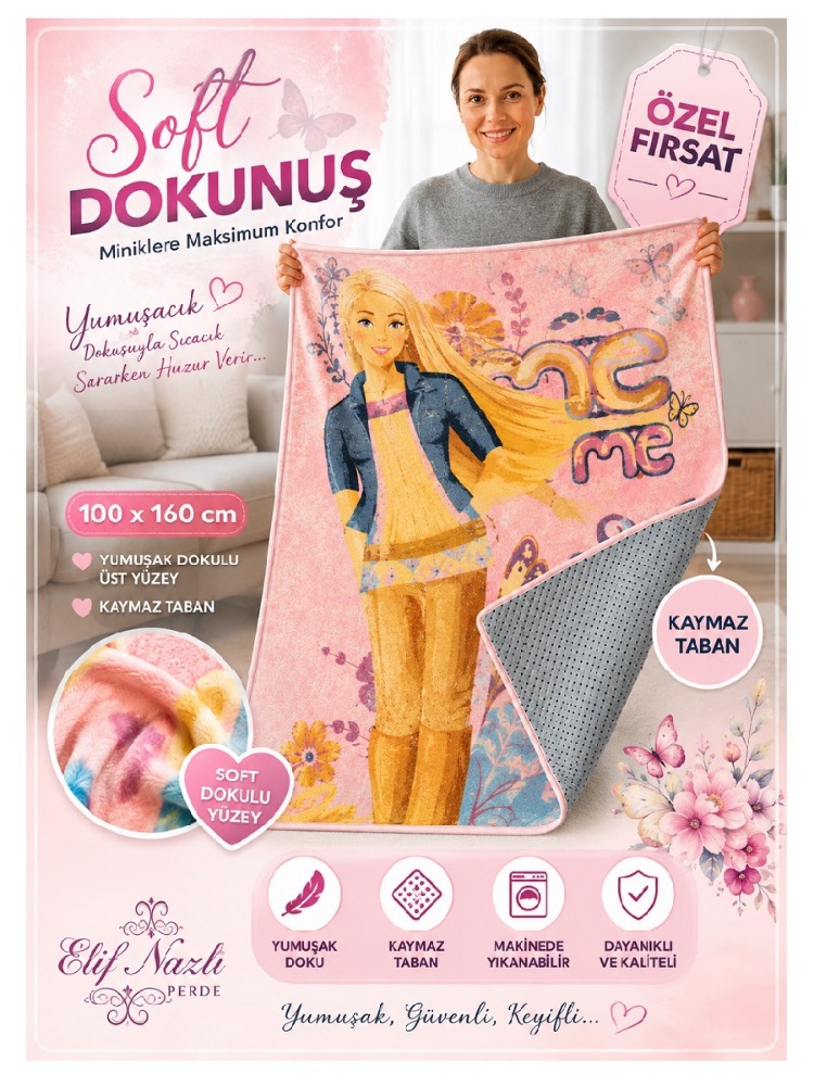 Barbie Figürlü Çocuk Odası Halısı – Yumuşak Dokulu, Kaymaz Tabanlı