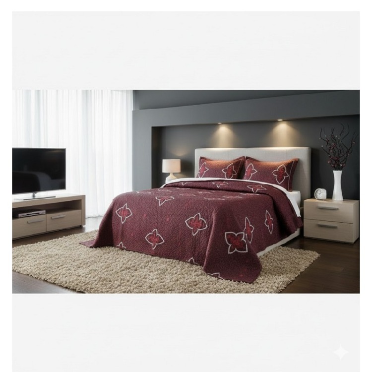 ÇİFT KİŞİLİK NAKIŞLI SATEN YATAK ÖRTÜSÜ-BORDO