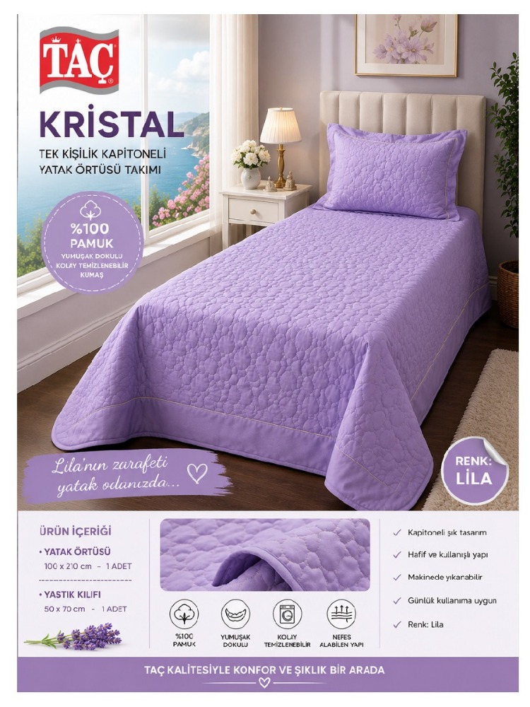 TAÇ Kristal EMPRİME YATAK ÖRTÜSÜ-LİLA -TEK KİŞİLİK