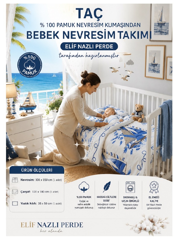 Bebek Nevresim Takımı-Yelkenli Temalı-% 100 Pamuk