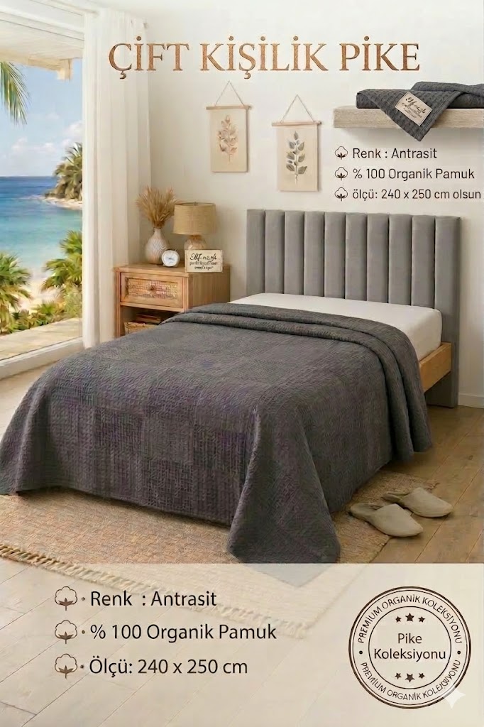 Çift Kişilik Pike - %100 Organik Pamuk Waffle -Antrasit