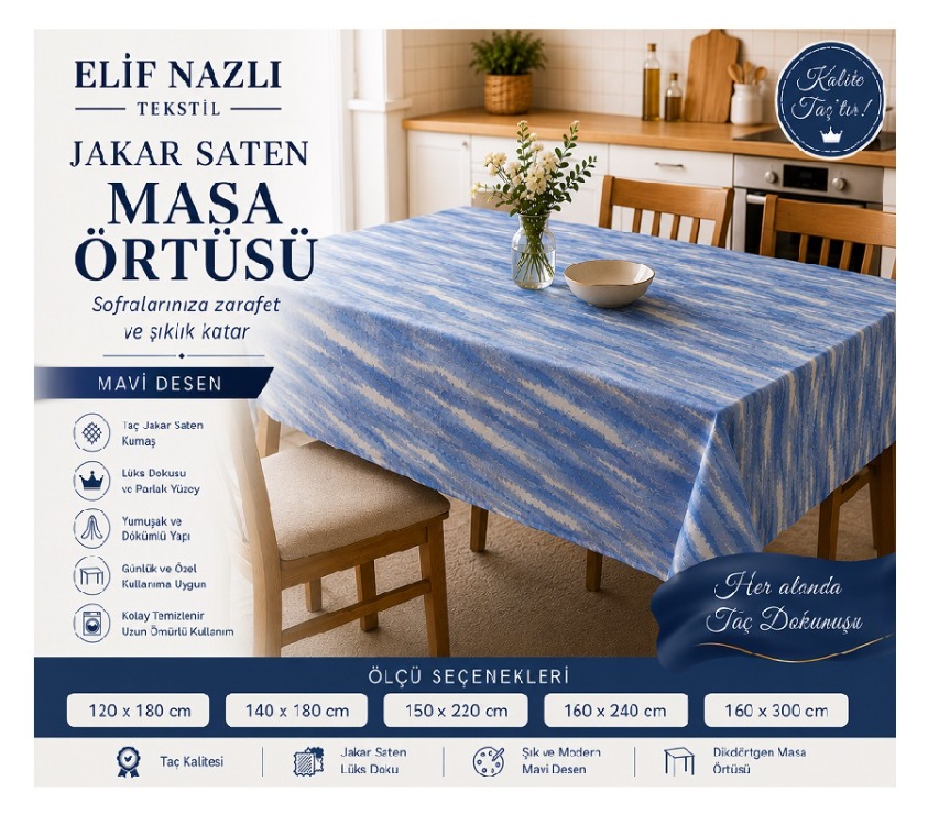 Taç Jakar Saten Dikdörtgen Masa Örtüsü – Mavi Desenli-Ölçü: 150 x 220 cm 