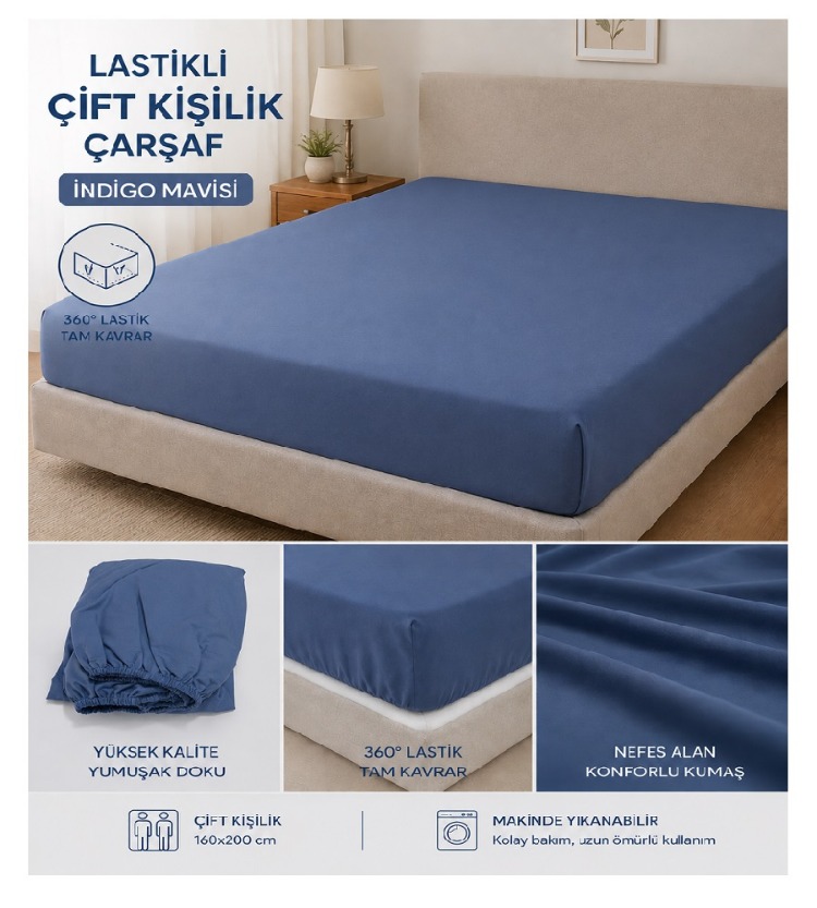 Çift Kişilik Lastikli Çarşaf – İndigo Mavisi