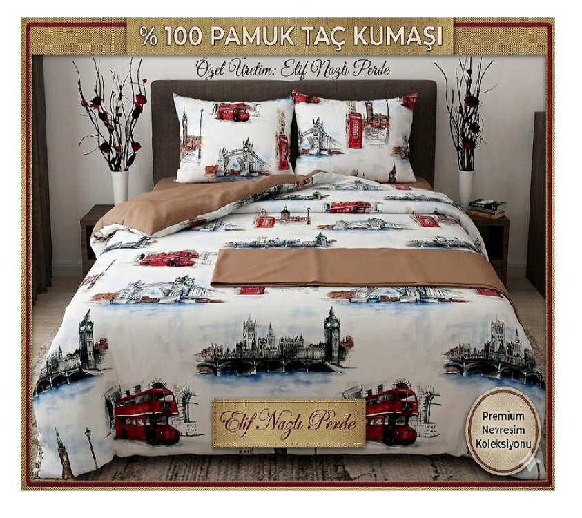 ÇİFT KİŞİLİK NEVRESİM TAKIMI-LONDRA MOTİFLİ-% 100 PAMUK