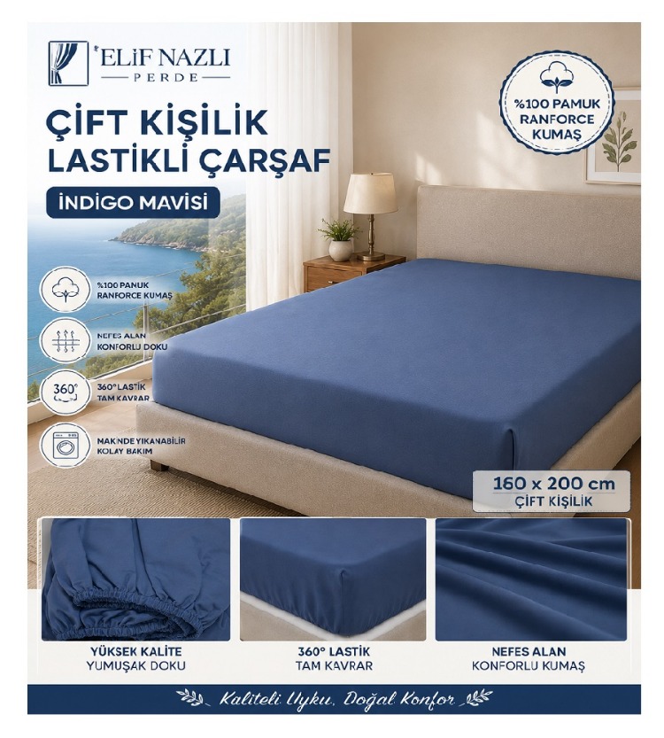 Çift Kişilik Lastikli Çarşaf – İndigo Mavisi