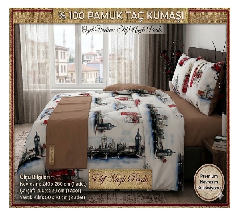 ÇİFT KİŞİLİK NEVRESİM TAKIMI-LONDRA MOTİFLİ-% 100 PAMUK