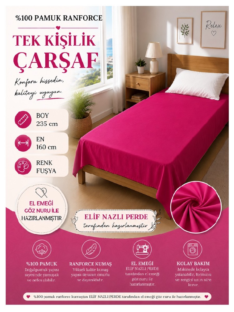  Tek Kişilik Fuşya Renkli Çarşaf –% 100 Pamuk 