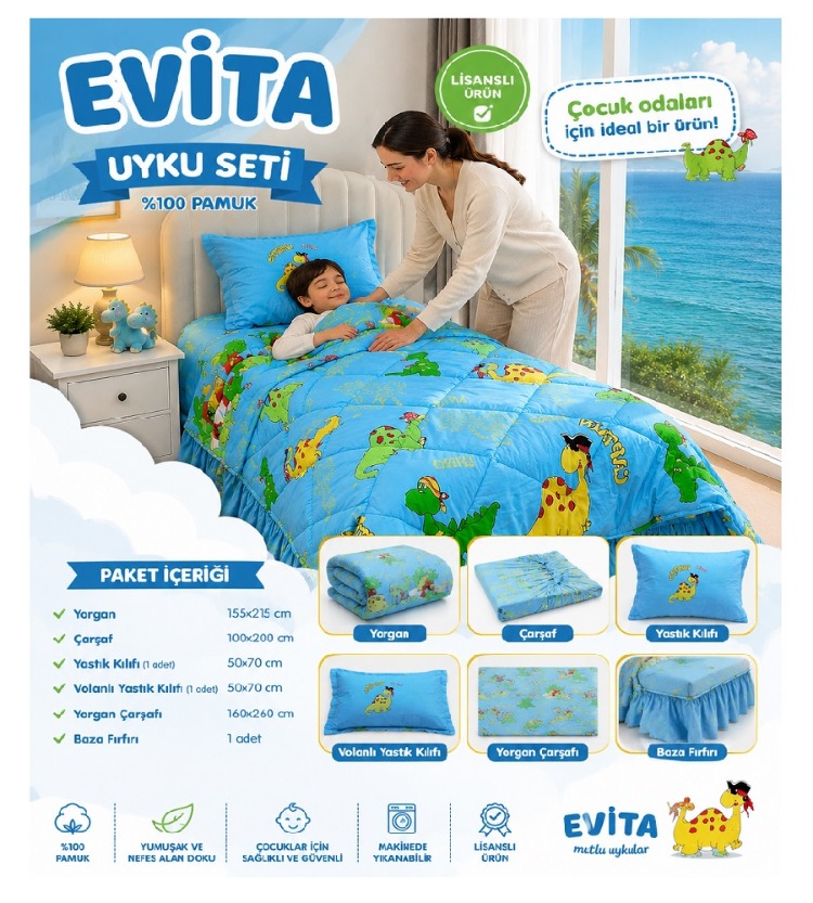 EVİTA CAPTAIN DINO TEK KİŞİLİK UYKU SETİ