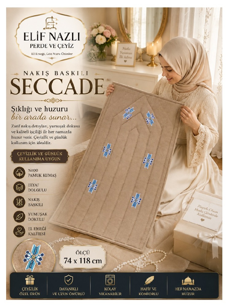EL EMEĞİ NAKIŞ BASKILI SECCADE – Zarafet ve Konfor Bir Arada-Kahverengi
