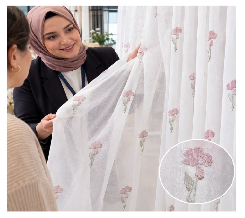 TAÇ COLLECTION KETEN TÜL PERDE - Pembe Çiçek İşlemeli