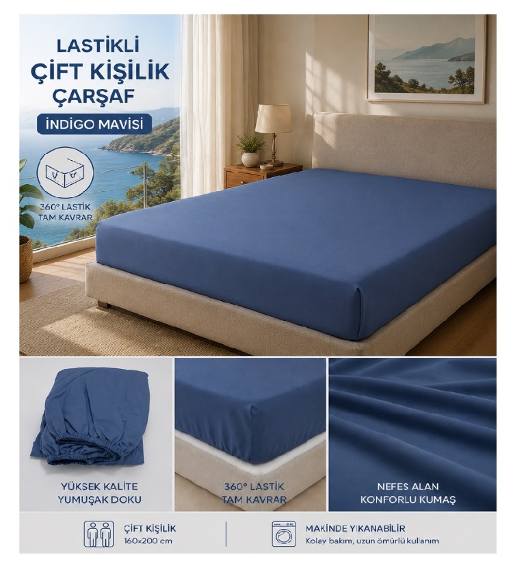 Çift Kişilik Lastikli Çarşaf – İndigo Mavisi