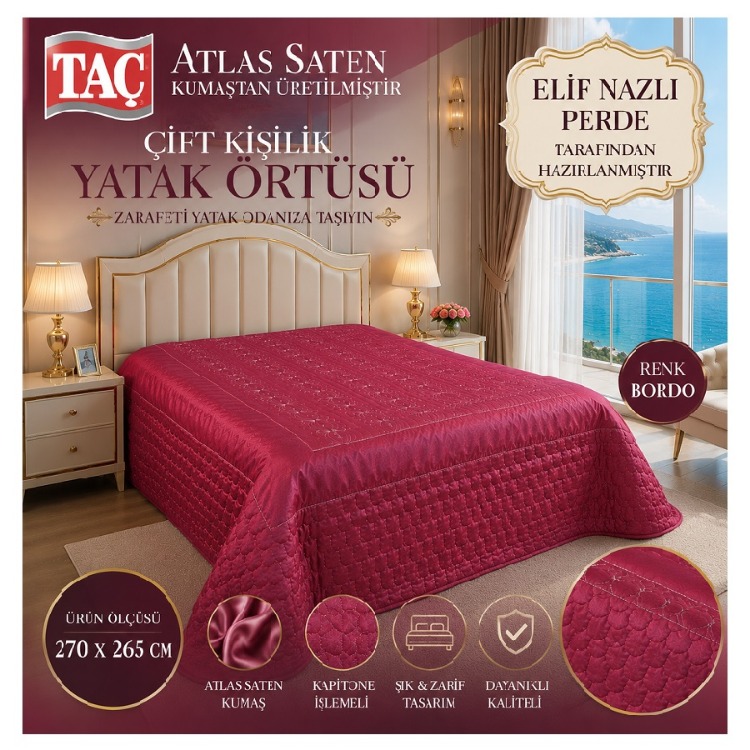 TAÇ Atlas Saten Çift Kişilik Yatak Örtüsü – Bordo