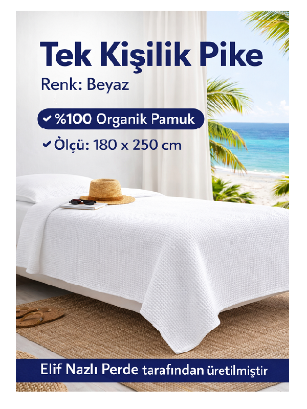 Tek Kişilik Pike -%100 Organik Pamuk-Dört Mevsim Kullanım için - Beyaz