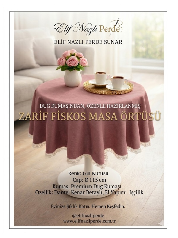 Yuvarlak Fiskos Masa Örtüsü –Gül Kurusu -Güpürlü 