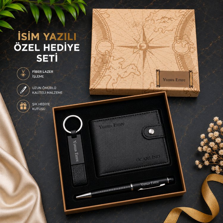 Cüzdan Anahtarlık Kalem Seti İsim Baskılı