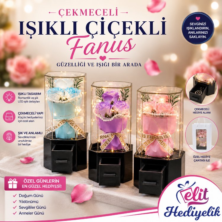 Işıklı Müzikli Çiçekli Fanus Takı Kutusu