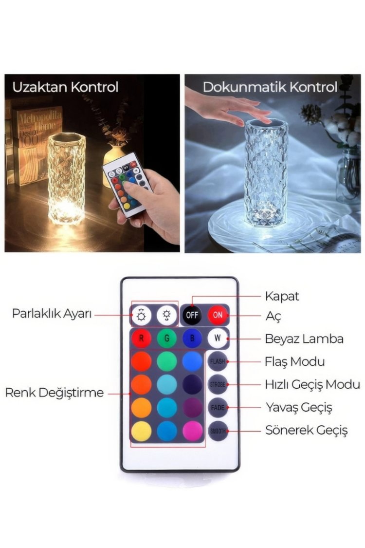 Kristal Gül Görünümlü Gece Lambası