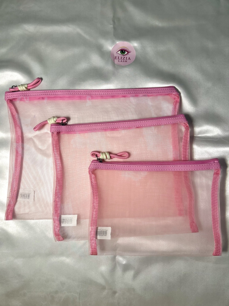 3’lü Şeffaf Pembe Makyaj Çantası Seti 