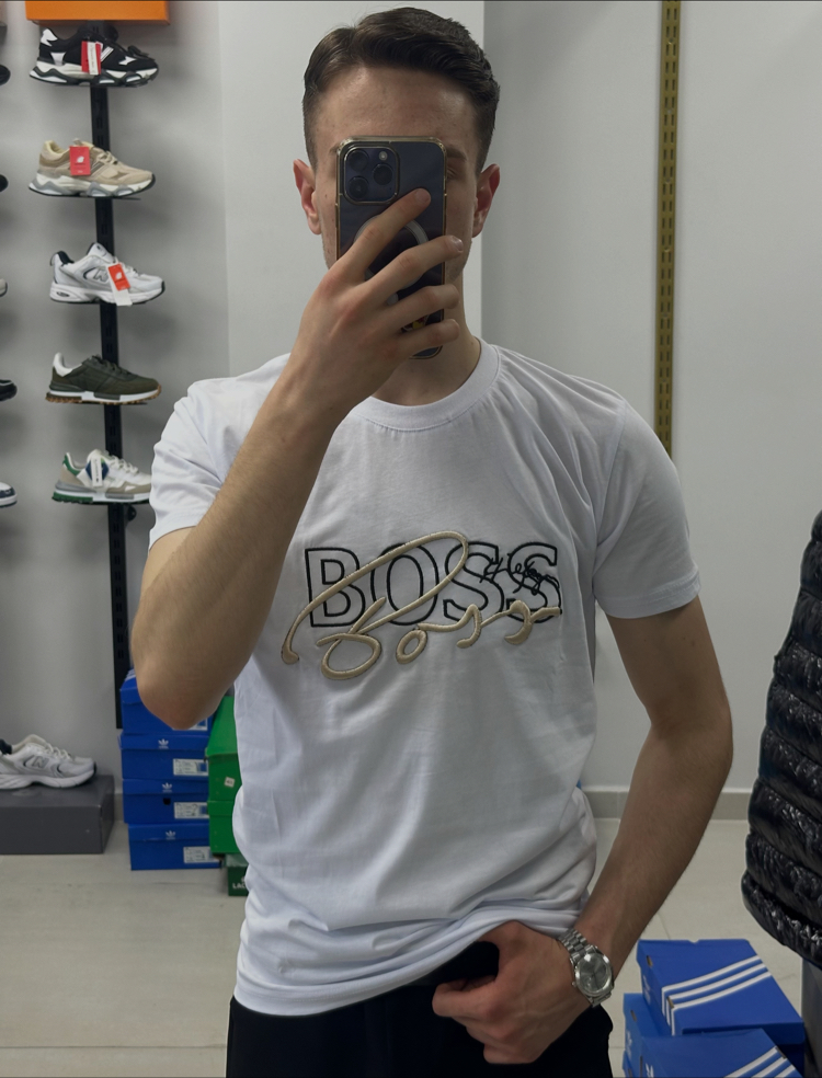 BOSS Nakışlı Bisiklet Yaka Beyaz Tişört