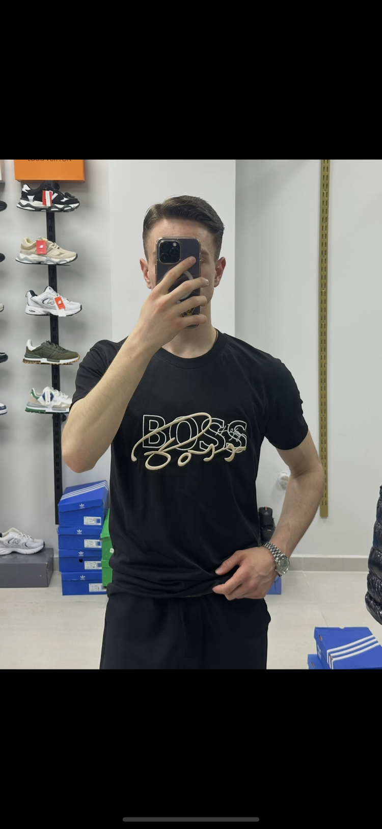 BOSS Nakışlı Bisiklet Yaka Siyah Tişört